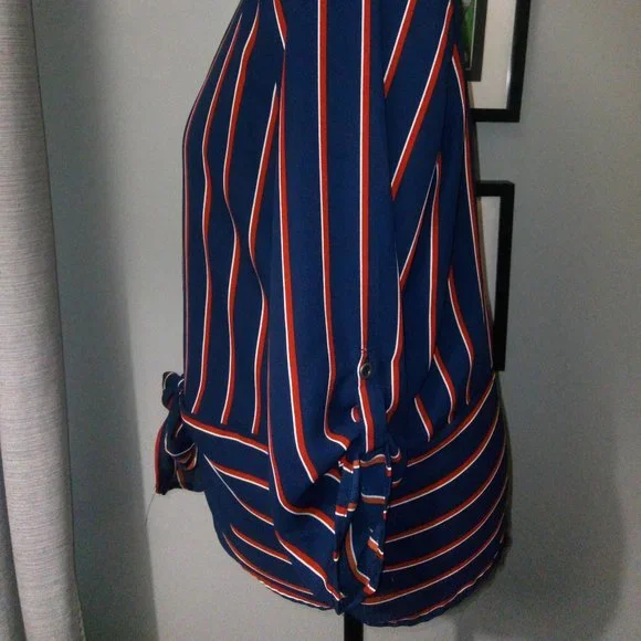 Maurice’s Pinstriped Tie Waist Blouse Sz Large Red White & Blue - Picture 5 of 15